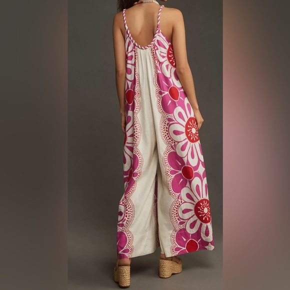 FARM Rio Maia Floral Jumpsuit Pink Rope Trim Wide Leg Resort L - Picture 3 of 7